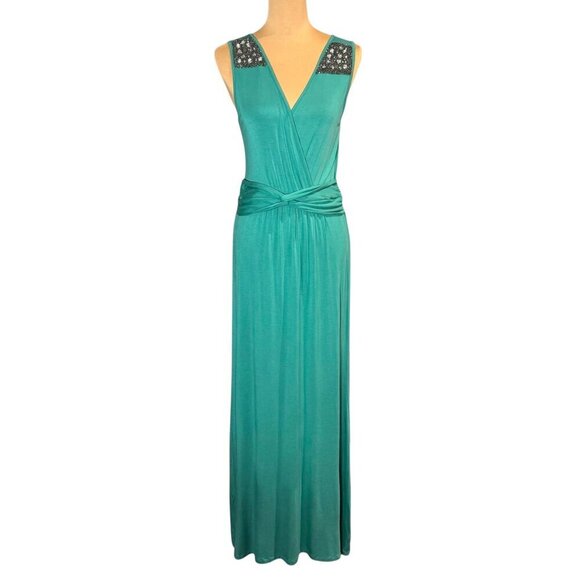 NWOT Boho Beaded Maxi Dress Sz.M Green Teal Sleeveless Event Festival Summer - Picture 3 of 13